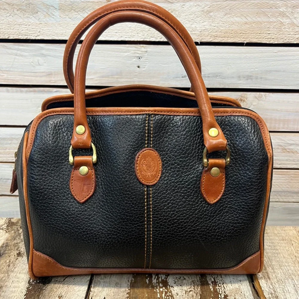 Vintage Liz Claiborne Black Pebbled Leather Satchel Tan Trim Doctor Bag Purse